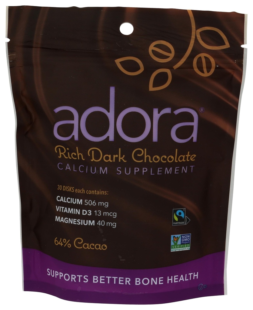 Adora Calcium Supplement Disk, Dark Chocolate, 30 Počet - 500 mg