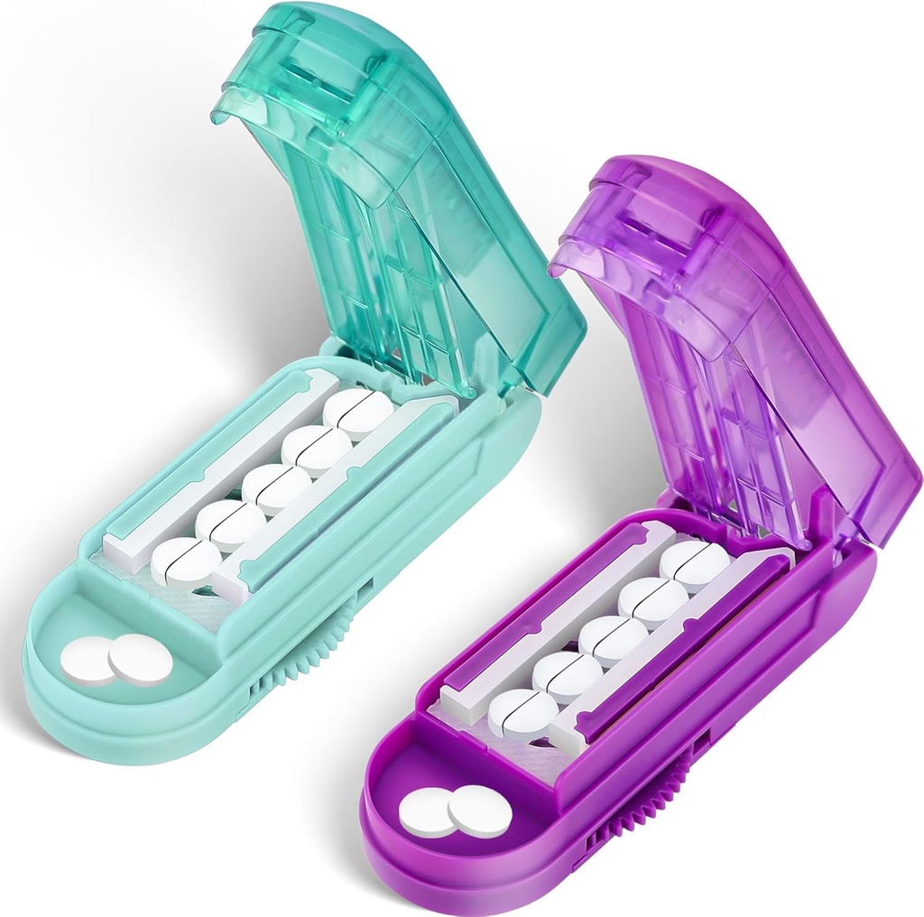DUBSTAR 2PCS pilulky Cutter splitter pre malé a drobné pilulky, viacnásobné pilulky pre malé alebo veľké pilulky, nastaviteľné pilulky splitter s Centering Device a čepele Guard (Purple+Cyan)