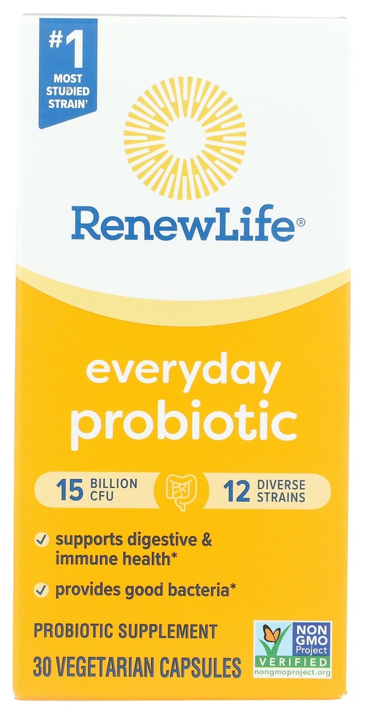 Renew Life Everyday Probiotické Kapsule, Daily Supplement Podporuje močové, tráviace a imunitné zdravie, L. Rhamnosus GG, Dairy, Soy and Gluten-Free, 15 miliárd CFU, 30 Počet