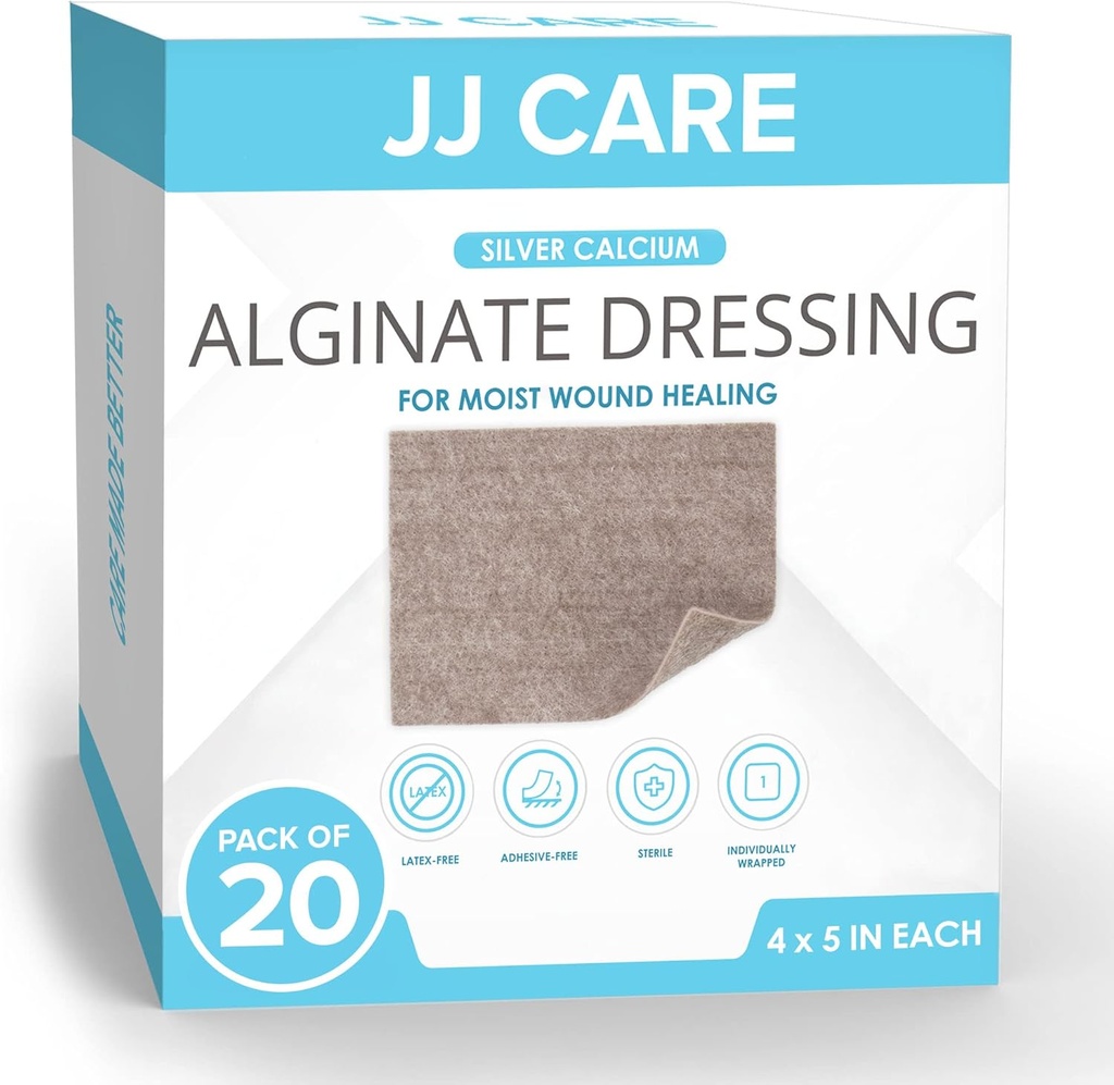 JJ CARE Silver Calcium Alginate Wound Dressing (Pack of 20) 4x5, Silver Alginate Wound Dressing Individuálne balené, vysoko absorbent Non-Adherent Bandages for Wound Care