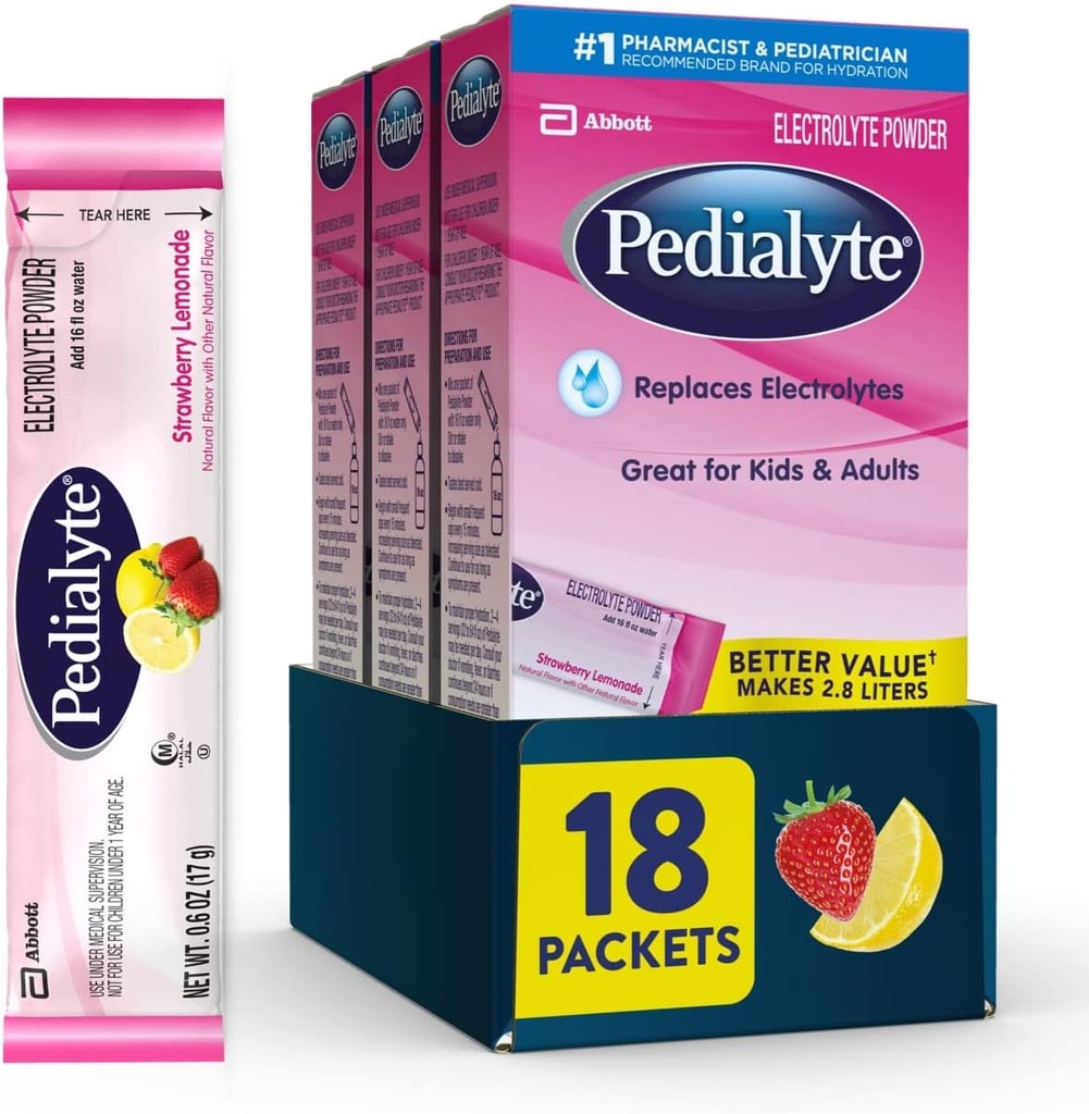Pedialyte Elektrolyte Powder Pakets, Strawberry Lemonade, Hydration Drink, 18 Jednoslúchadlá Powder Pakets