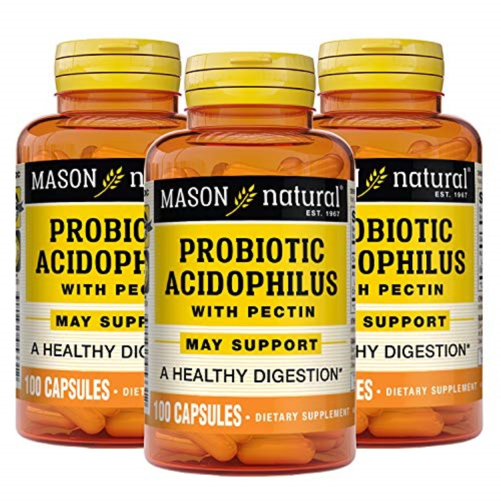 MASON Natural Probiotic Acidophilus, 150 Day Supply, Podpora Pravidelnosť a normálne trávenie s pektínom a vápnikom, 100 kapsúl (Stock of 3)