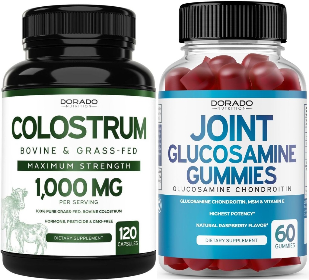 Colostrum (120 Count) Bovine Colostrum Capsules for Adults and Glucosamine Chondroitin (60 Gummies) Joint Supplements for Men & Women with Delicious Raspberry Flavor - Vegan Safe & Made in USA