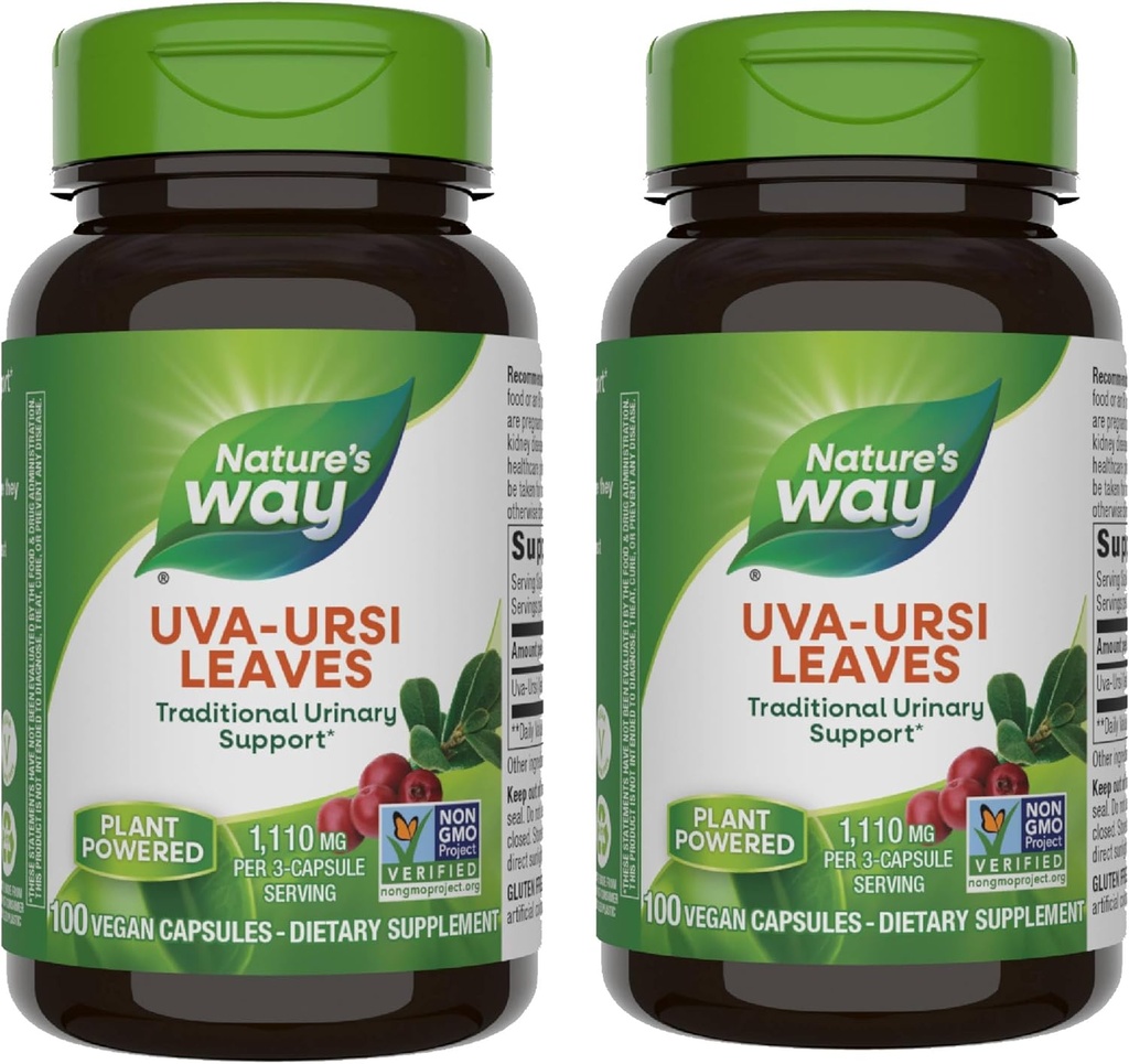 Nature's Way Uva Ursi Leaves, Traditional Urinary Support*, 1,110 mg per 3-Capsule Serving, Non-GMO Project Overené, Bylinné diétne doplnky, 100 Vegan Kapsule (Packaging May Vary) - 2 balenie