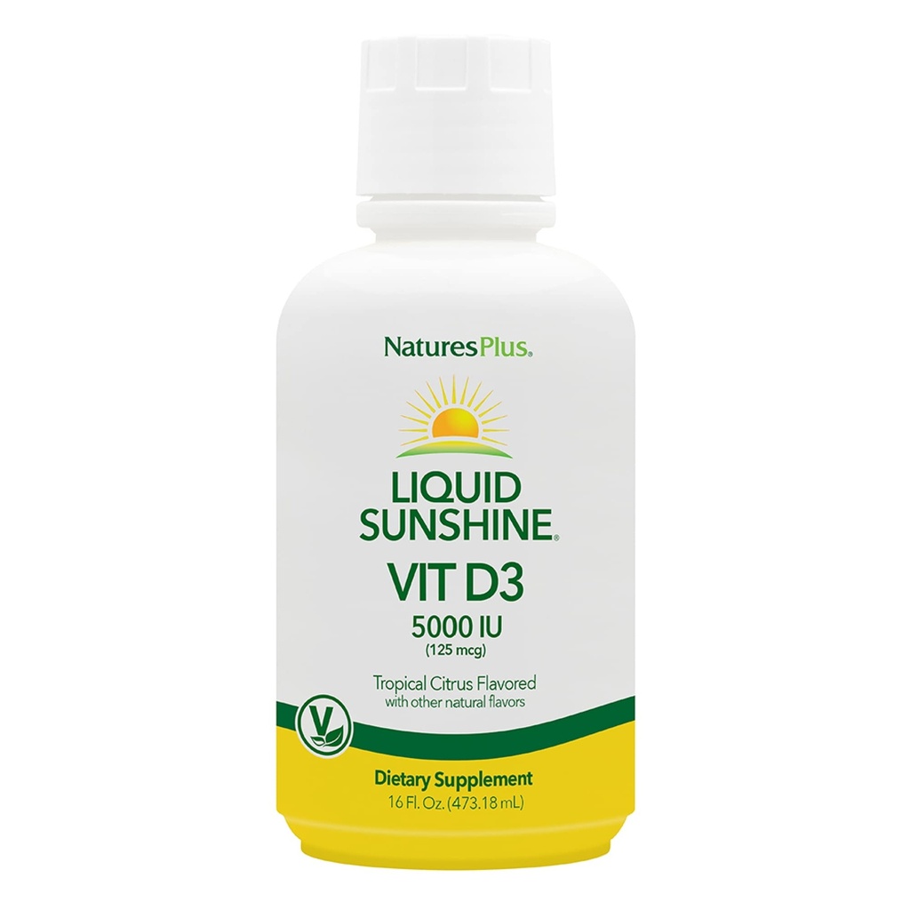 Natures Plus Liquid Sunshine Vitamín D3-5000 IU, 16 fl oz - Delicious Tropical Citrus flavor - Bone Health, Heart Health & Immune System Suplement - Gluten Free - 32 Servings