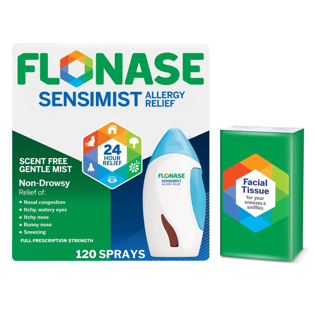 Flonase Sensimist alergia úľava nosový sprej - non-Drowsy 24HR Dlhá Trvalá Alergická úľava s jemným, scent-free hmla - 120 sprejov Plus Bonusové balenie tkanív