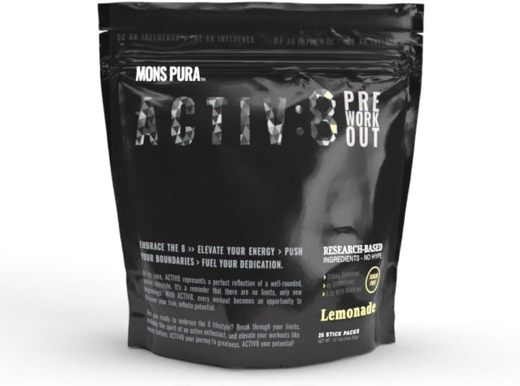 Activ8 Pre-Workout Lemonade Pouch: Energize Cvičenia s výskumom-Základné zložky - 250mg kofeínu, bez cukru 25 Stick Pack