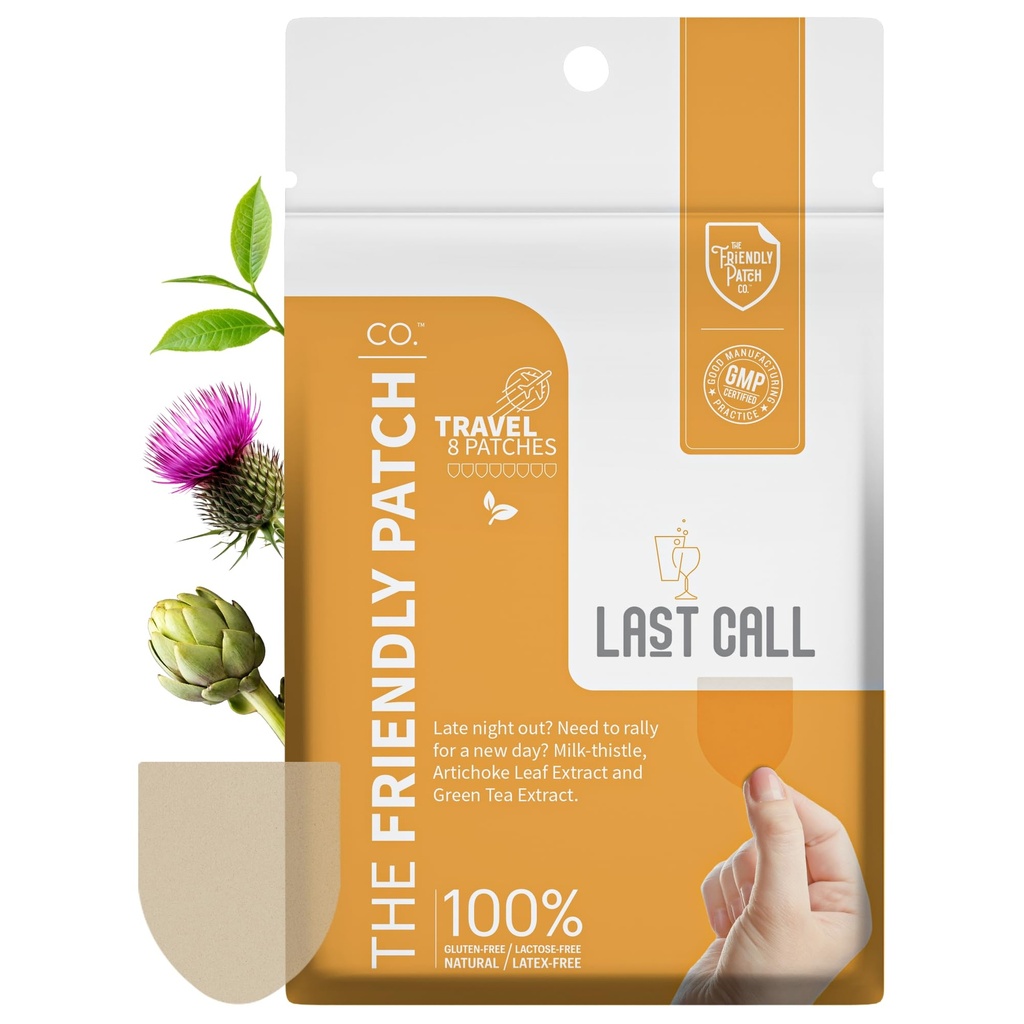 Friendly Patch Last Call Patch - neskoro v noci - Rastlinné poháňané nosné záplaty s viničovým čajom, kofeín, mlieko Thitle, Artičoky Leaf Extract - Wellness 8 balenie