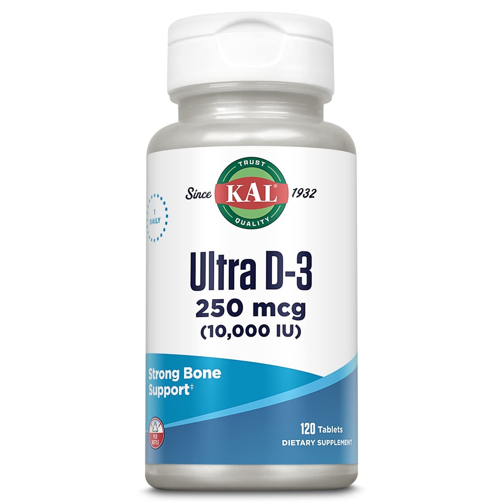 KAL Ultra vitamín D3 10000 IU 250 μg, tablety s vysokým obsahom vitamínu D, absorpcia vápnika, zdravie kostí a imunitná podpora, rýchle rozpadnutie D-3 ActivTabs, 120 Servings, 120 tabliet