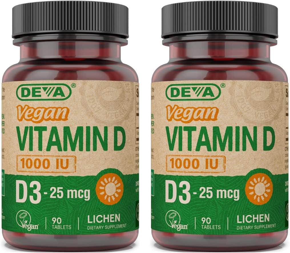 DEVA Vegánsky vitamín D3 doplnok - jedenkrát denne s 1000 IU - cholekalciferol - Lichen Plant Odvodené - 90 Malé tablety, 2-Pack