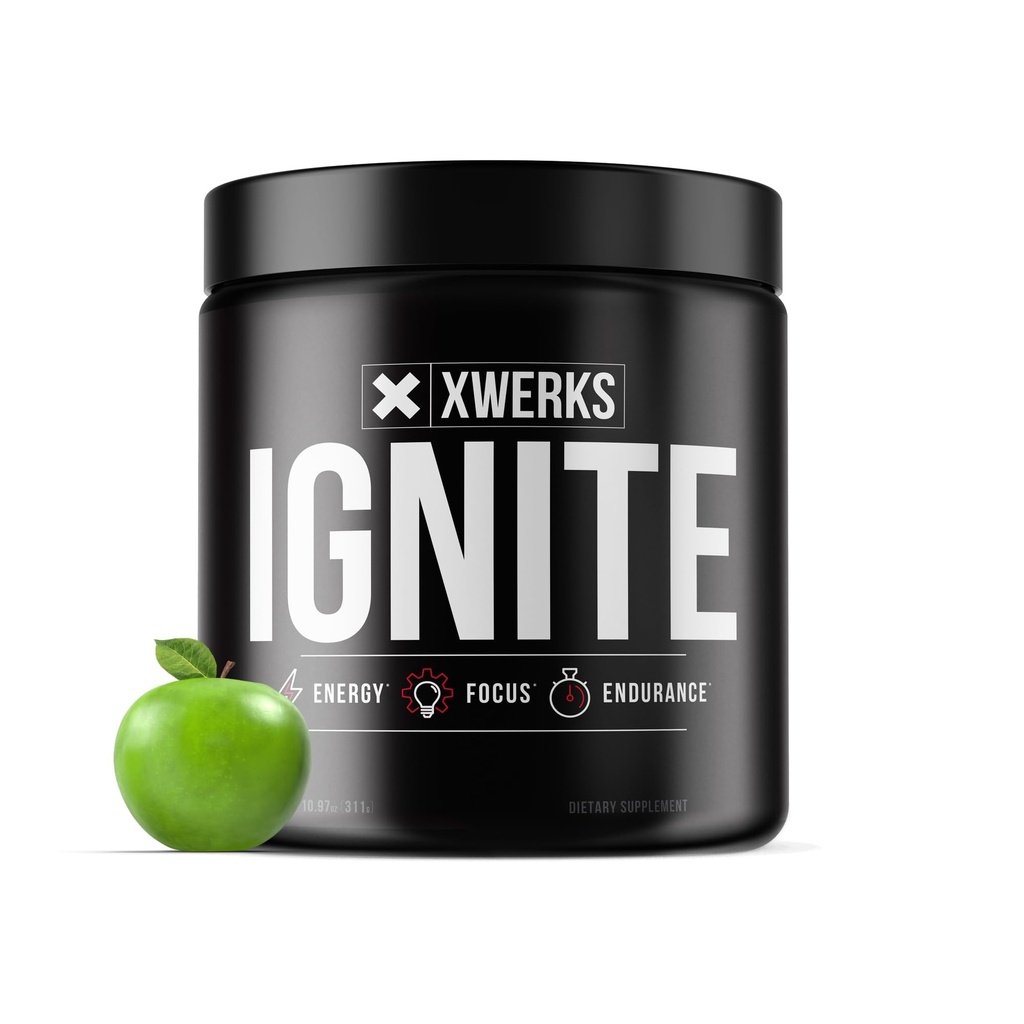 Xwerks Ignite Green Apple Pre Cvičenie Powder, Natural Keto Pre Cvičenie pre ženy a mužov s výbušnou energiou, Gluten Free Blend pre vytrvalosť a vytrvalosť, 150 mg kofeín, 30 Servings
