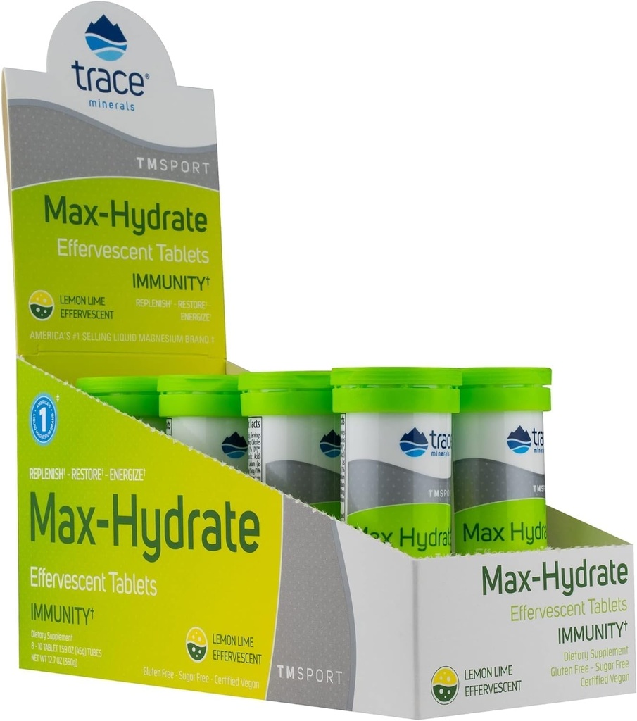 Stopové minerály Max-Hydrate Imunita - Electrolyte Drink Supplement for Immune Health & Hydration Support - Vitality Supplement to Aid Muscle Cramp Relief - citrónová vápno, 8 Kontajnery (80 Servings)
