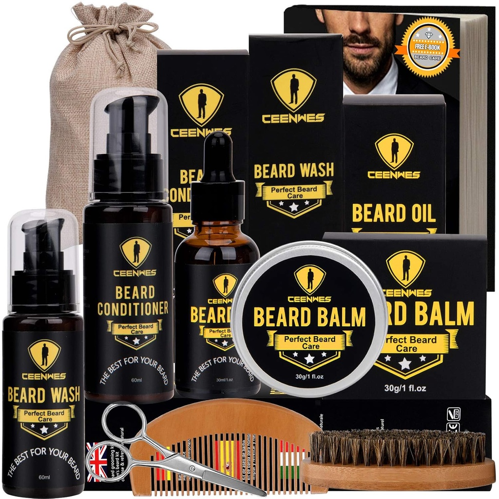 Ceenwes vylepšený bradavice grooming kit - kondicionér, olej, kefka, Comb, Balm, nožnice, úložný vak pre brada a fúzy Trimming, perfektné pánske darčeky