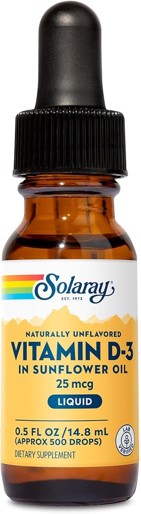 SOLARAY Vitamín D3 Tekuté kvapky 25 mcg (1000 IU) - Zvýšená absorpcia Vitamín D kvapky v slnečnicový olej pre VIT D3 Podpora - Prirodzene neochutený, Dropper zahrnuté - Approx. 500 Služieb, 0.5oz