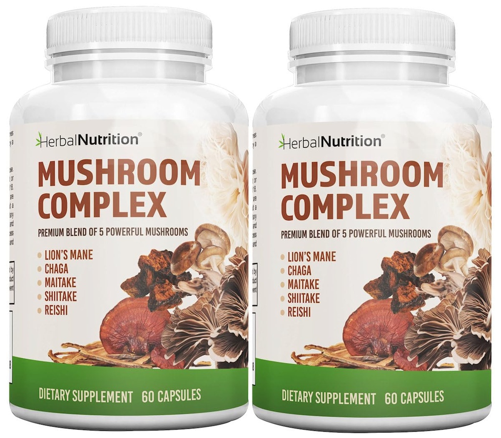 Rastlinná výživa Hubový komplex 700 mg až 1400mg. Päť najmocnejších húb - Lions Mane, Reishi, Chaga, Maitake, Shiitake - podporuje imunitné zdravie, nootropný mozog zdravie pre pamäť a zameranie
