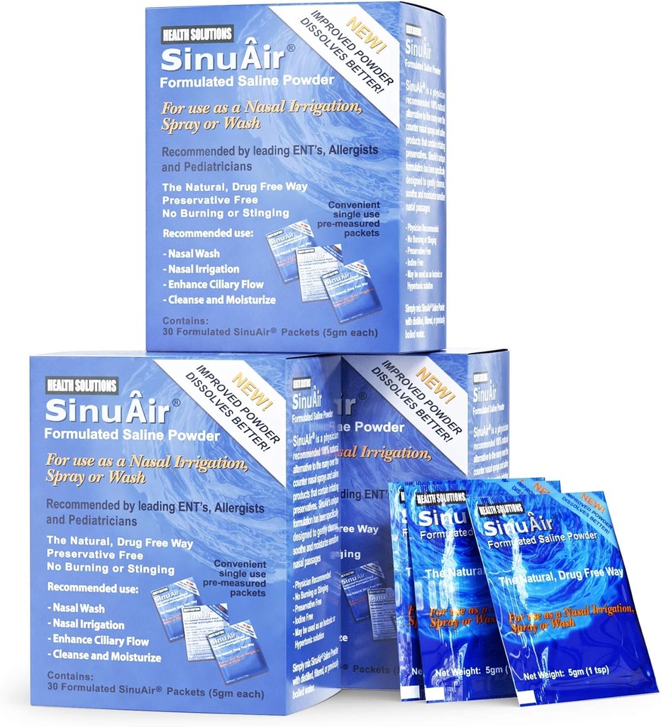 SinuAir Saline Pakets for Sinus Rinse - Premixed Salt Solution Powder for SinuPulse Elite System, Neti Pot, Nose Wash Bottle & Nasal Irrigation, 90 Pakets