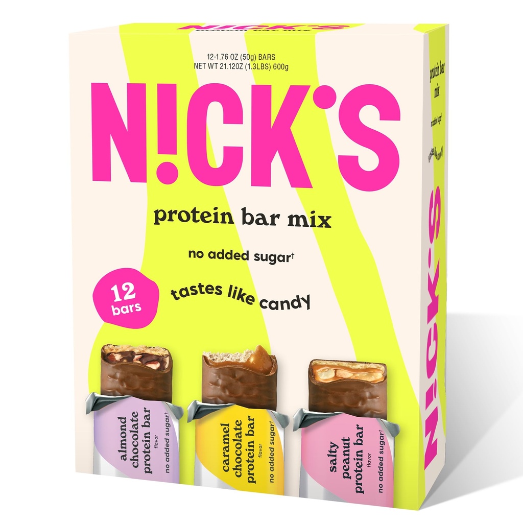 Nick's Protein Bars Čokoládové Varianty Pack High Protein, Nízke kalórií, Nízke karb Keto Friendly Snacks No Pridané cukor, Slané Arašidové oriešky, Čokoláda Karamel a Mandľová čokoláda (12 Balenie)