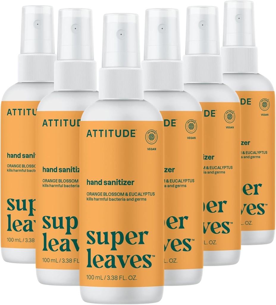 ATTITUDE Hand Sanitizer Spray, EWG Overené, zabije Germs & Baktérie, Vegan & Plant-Based, Sejf pre dospelých a deti, Orange Blossom & Eucalyptus Scent, 3.38 Fl Oz (Pack of 6) (Spray Bottle)