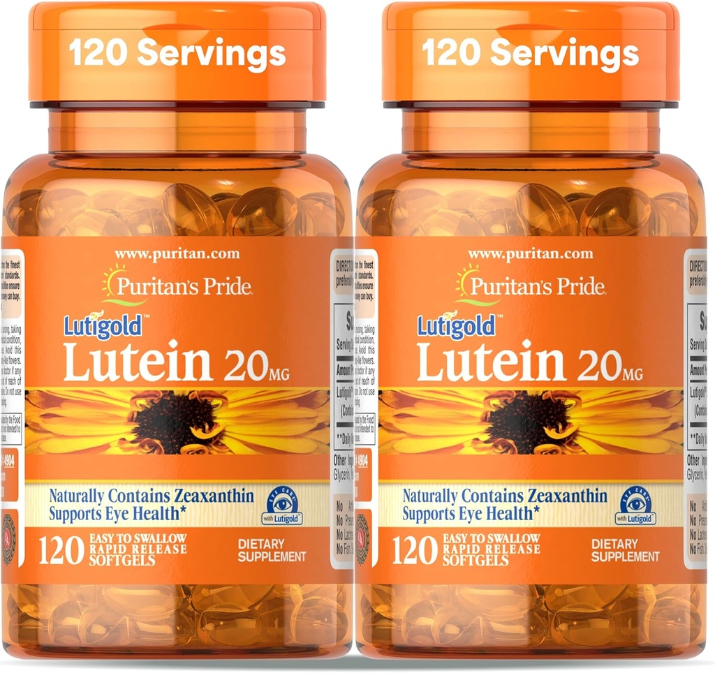 Puritan's Pride Premium Lutigold Lutein Carotenoid 20 mg s Zeaxantin pre mužov a ženy, Dietary Supplement for Eye Health Support, 8 Month Supply, 120 Easy-to-Swallow Softgels, 2 balenie