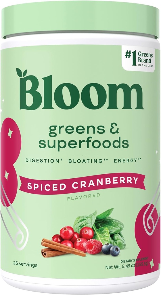 Bloom Nutrition Superfood Greens Powder, Digestive Enzymes with Probiotics and Prebiotics, Gut Health, Bloating Relief for Women, Chlorella, Green Juice Mix with Repeat Root, 25 SVG, Spiced Cranberry