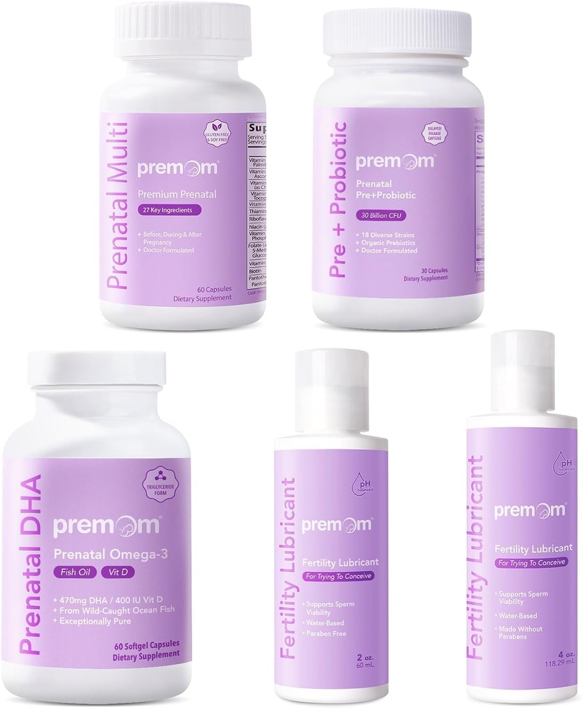 Premom Multivitamín pre ženy + prenatálny rybí olej DHA + prenatálne pre a probiotiká + osobná plodnosť Lubricant pre koncepciu 2&4 Fl Oz
