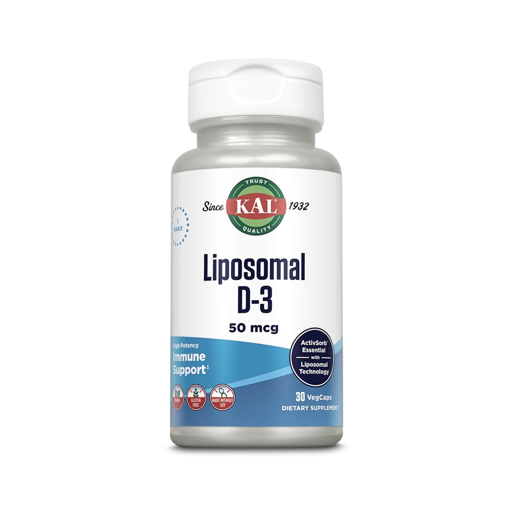 KAL Lipozomálny vitamín D3 50 μg, vysoká absorpcia vitamín D, lipozomálna technológia, vysoká potencia imunitná podpora, vegánske kapsuly, bez lepku, bez sóje, 30 porcií