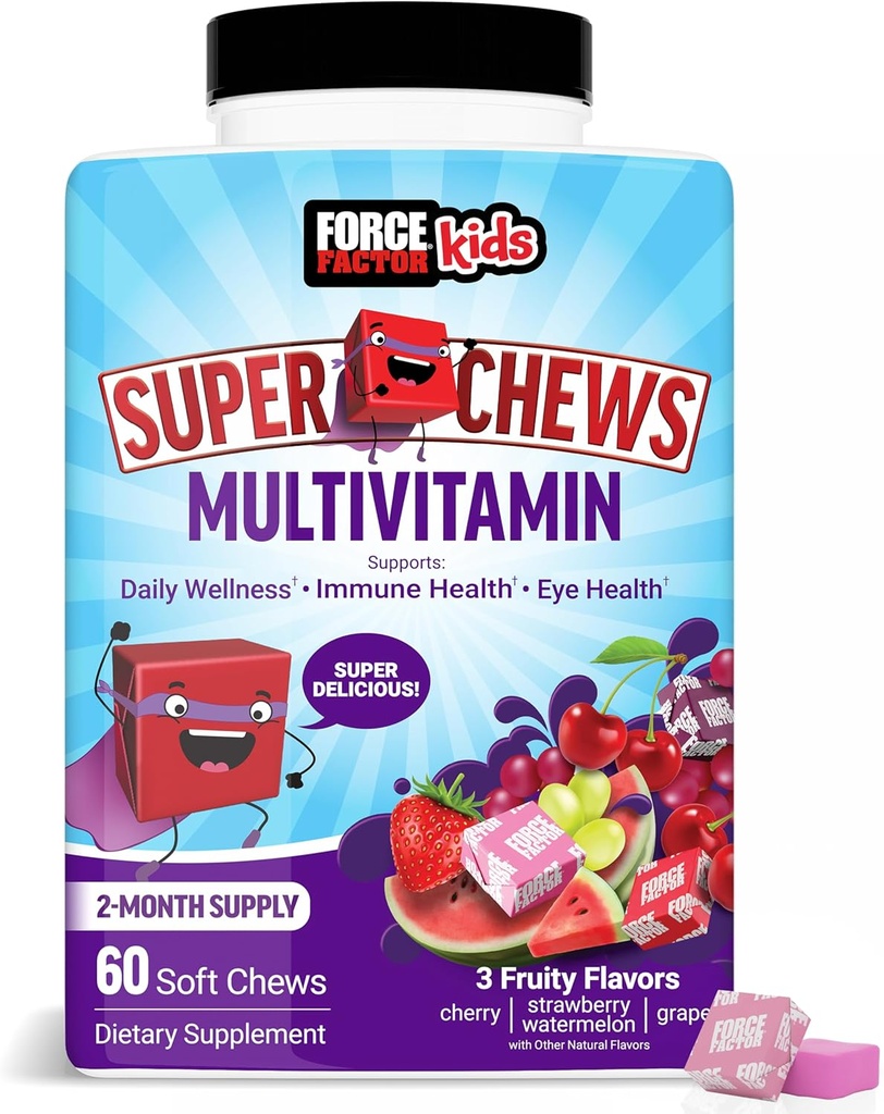 Silový faktor pre deti Multivitamínové Super žuvačky, Deti Vitamíny na podporu wellness, Imunitné zdravie, zdravie očí, a viac s 18 Vitamíny, Minerály, & Antioxidanty, 2-Mesačné zásobovanie, Multi-Flavor, 60 Mäkké žuvačky