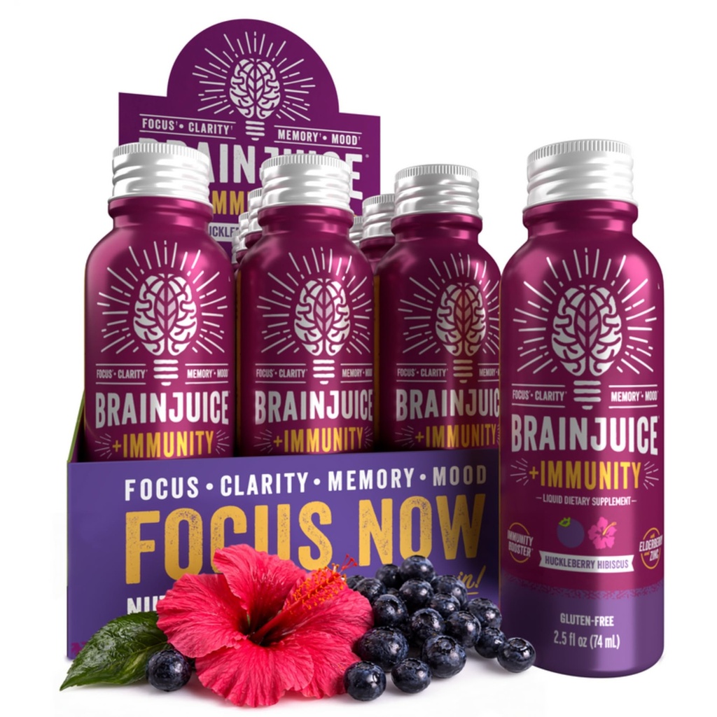 BrainJuice Brain and Immune Support Shot, Gluten Free Supplement Shots for Energy, Focus, Imunity with Vitamin D, C B, Alpha GPC & Organic Ginger Root, Huckleberry Hibiscus, 2.5 fl oz, 12 Balenie