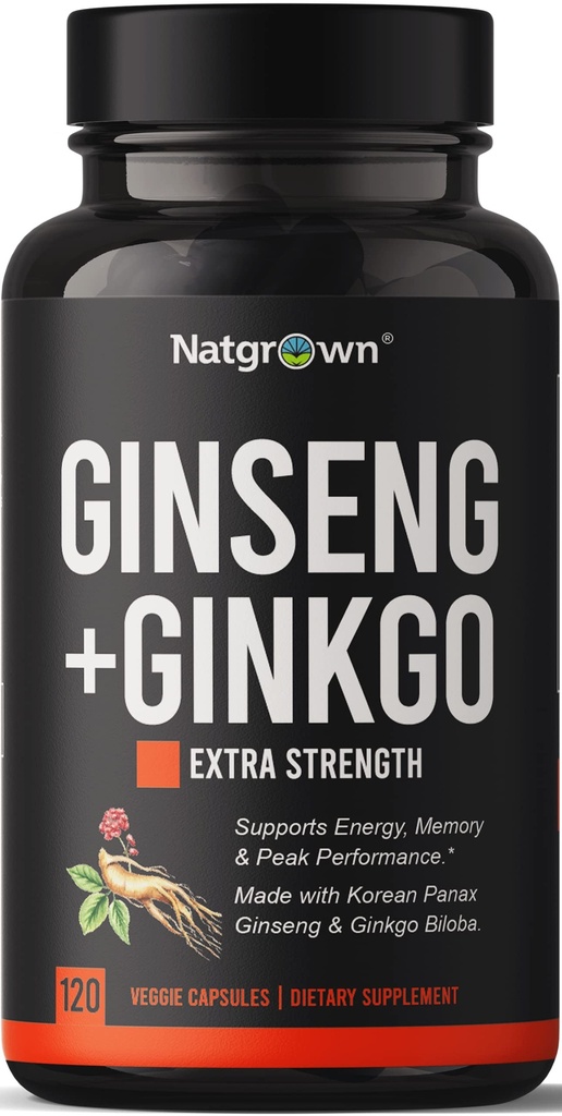 Natgrown Panax Ginseng & Ginkgo Biloba Supplement - Red Korean Ginseng & Ginko Biloba Kapsule pre Muži a ženy - Podporuje pamäť Focus & Brain Funkcia - Vegan Pills - 120 Počet
