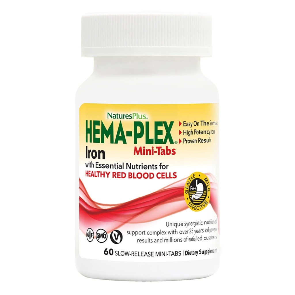 PrírodaPlus Hema-Plex Železo - 60 Slow-Release Mini-Tabs - 85 mg Súvisiace železo - celkové zdravie krvi - s vitamínom C a bioflavonoidy - Vegan, bez lepidla - 30 Servisov