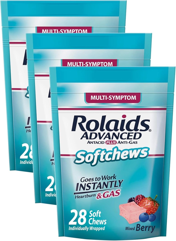Rolaids Advanced Antacidum Plus Anti-Gas Softchews, 28 gróf, zmiešané Berry, pálenie záhy a úľava od plynu (pack of 3)