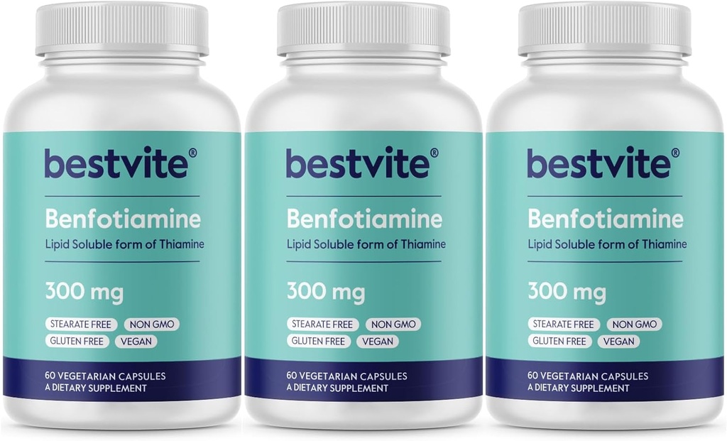 Benfotiamín 300 mg (180 Vegetariánske kapsuly) (60x3) Žiadne stearáty - Bez oxidu kremičitého - Vegan - Non GMO - bez lepidla