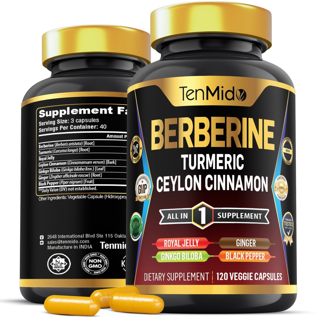 Berberine Supplement - 7in1 Formula - Kombinácia s Turmeric, Royal Jelly, Ceylon škorica, Ginkgo Biloba, Ginger & Black Pepper - Tráviace zdravie, Immune Support - 120 Kapsule