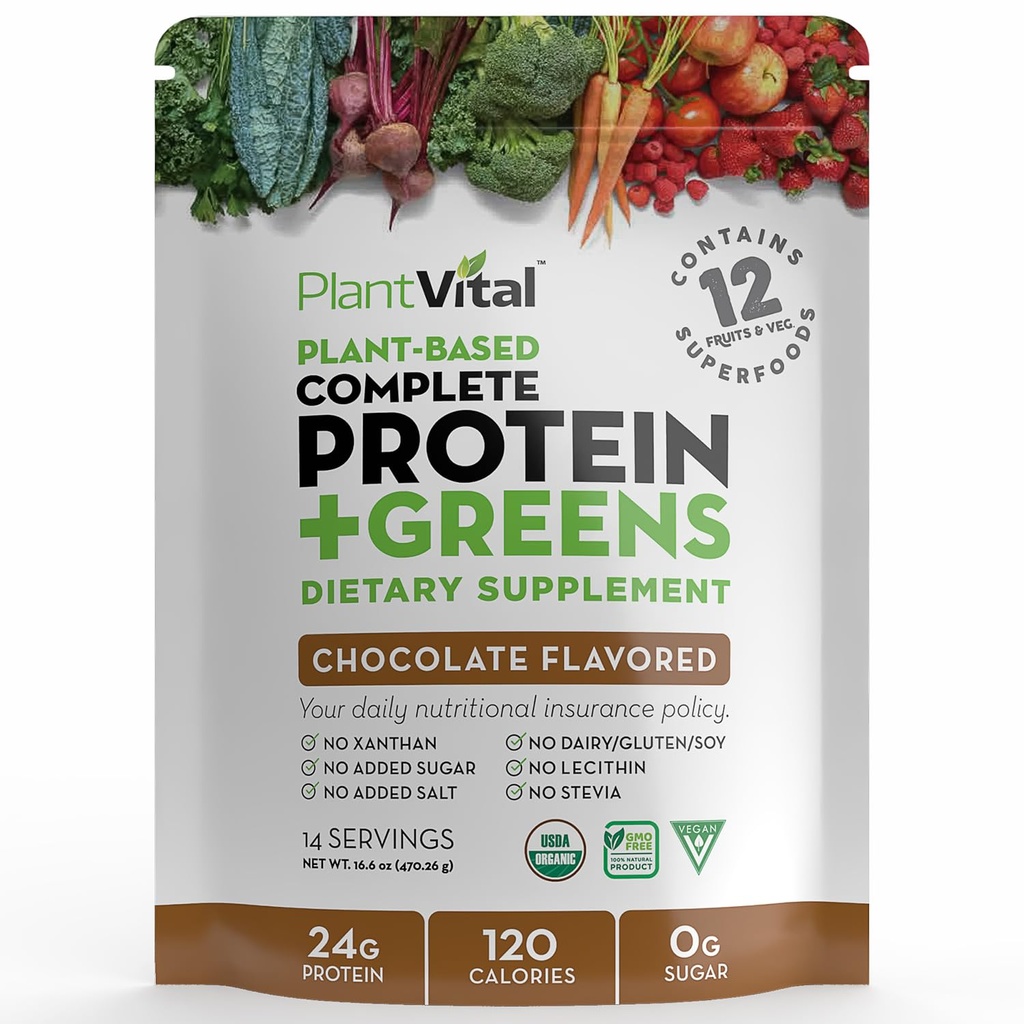 Plantvital Vegan Protein Powder Plant Based, Organic Protein Powder Chocolate 24g/0g Cukor, 12 Superfoods, Veggies, Probiotiká, Raw Cocoa, Kale, Repeet, Spirulina, Pea, Gluten-Free, Keto-Friendly,16oz