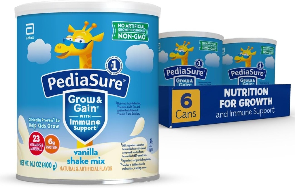 PediaSure Grow & Gain with Immune Support Shake Mix Powder, 23 Vitamíny a minerály, 6g Protein, non-GMO, Gluten-Free, Detská výživa, Vanilla, 14.1 oz Can, Balenie 6-48 porcií