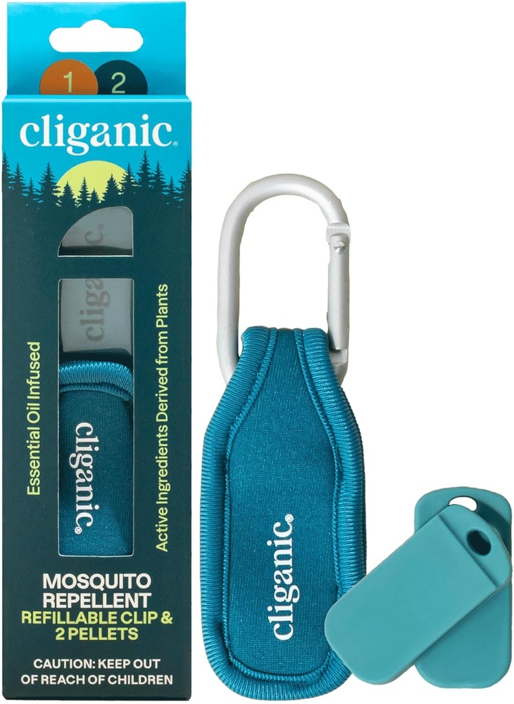 Cliganic Mosquito Repelent Pack (1 Clip + 2 Refill Pellets) - Natural DEET-free, Essential Oil Infunded