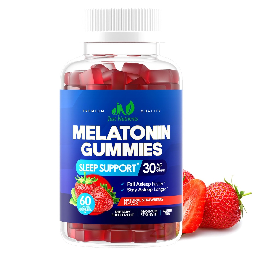 Melatonín 30 mg Gummy pre dospelých (60 Servíry) - Maximálna sila Podpora spánku s 30 mg melatonínu per Gummy - Gluten-free, cukor-free, non-GMO, 100% Vegetariánska, Jahodová príchuť - 60 Gummies