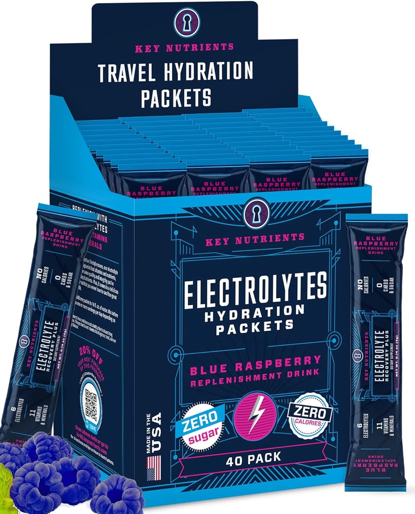 KĽÚČOVÉ NUTRIENTY Elektrolyty Powder Pakety - Delicious Blue Malina 40 Balíčky hydratačné pakety - Cestovanie hydratačný prášok - Bez cukru, Bez kalórií, bez lepidla - Vyrobené v USA