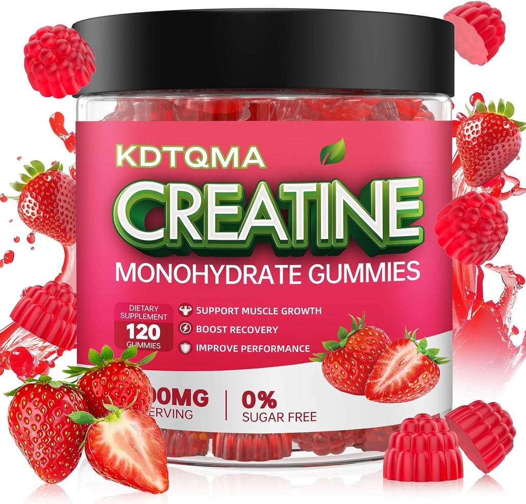 Monohydrát kreatínu Gummy pre mužov a ženy 120 CT - 5600 mg Kreatín monohydrátu na porciu, žuvateľný Kreatín monohydrát na podporu svalov a energie Boost, bez cukru, Vegan (jahodová aróma)