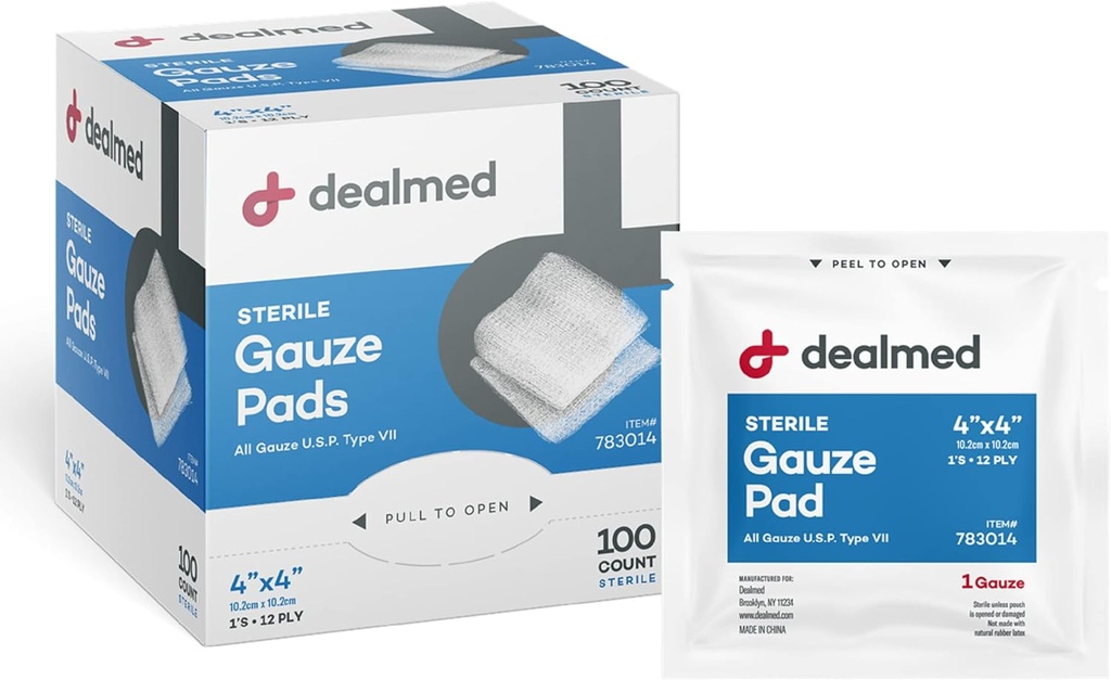 Dealmed 4 a 4 about Gauze Pads (100 gróf) Disposable and Individually Wrapped Medical Gauze Pads, Wound Care Product for First Aid Kit and Medical Facility (Pack of 1)