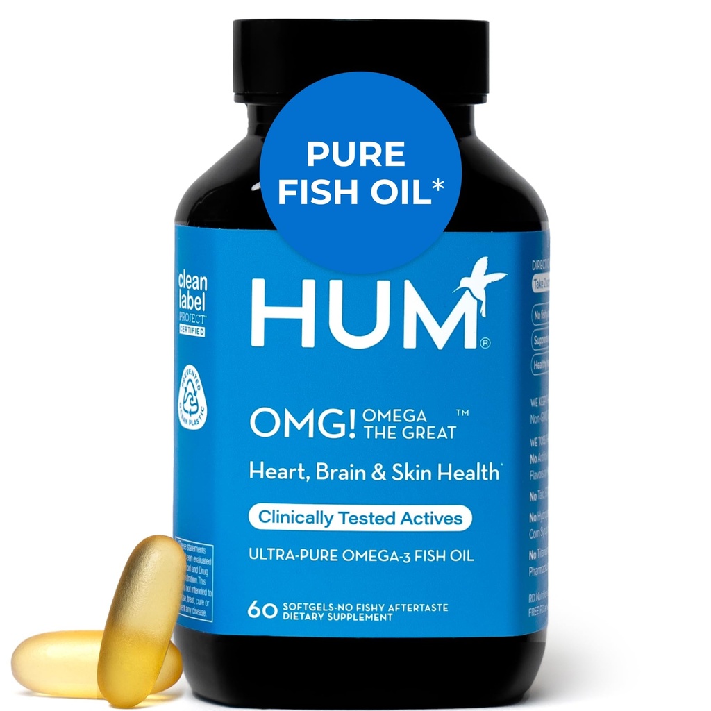 HUM OMG! Omega Veľký trojitý omega 3 rybí olej doplnok pre ženy a mužov s vitamínom E, DHA a EPA, starostlivosť o pleť a tone pre zdravie srdca a mozgu, bez lepku, non GMO, 60 Softgels