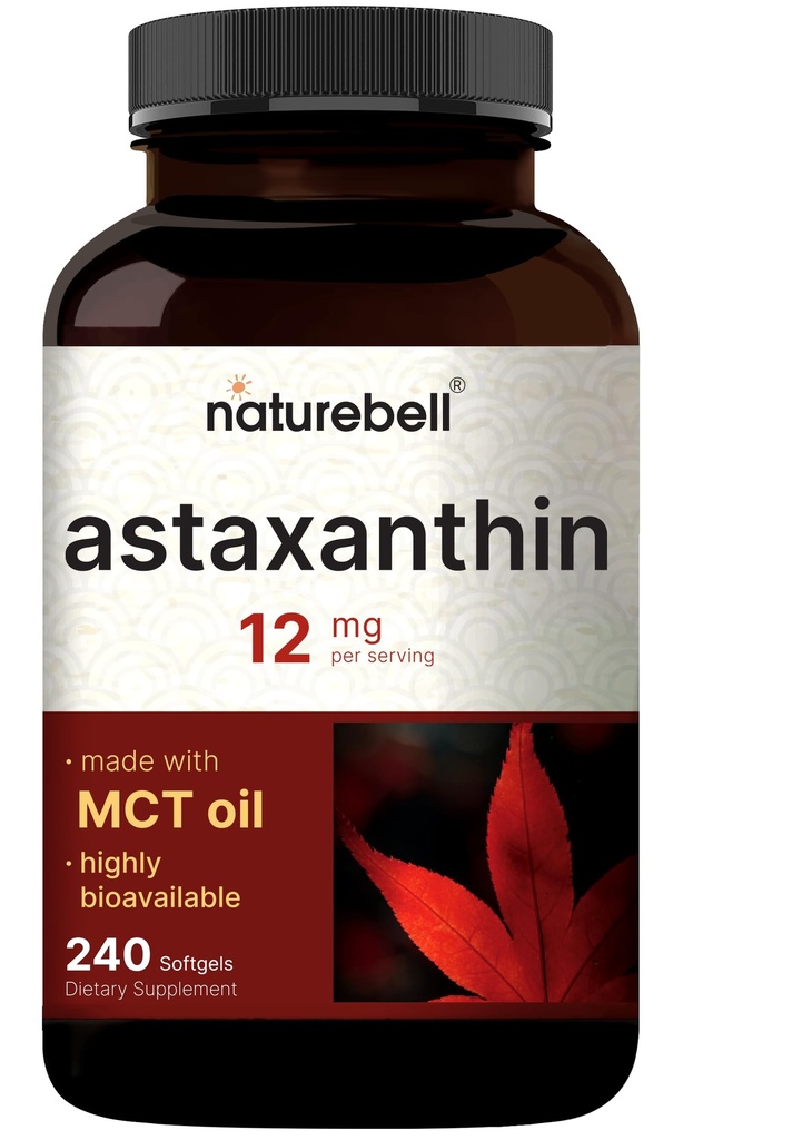 NatureBell Maximálna sila Astaxantín 12mg, 240 Softgels - 4-mesačná zásoba - Prírodný antioxidant z Hamatococcus Pluvialis Micro as 