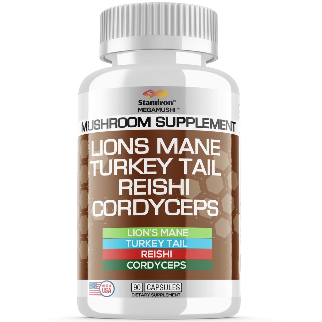 Stamiron Lions Mane Supplement Turkey Tail Mushrom Capsulas with Cordyceps Extract & Reishi Huby - Alt to Mushrom Gummies, Mushrom Powder, Mushrom Coffee - 90 Count