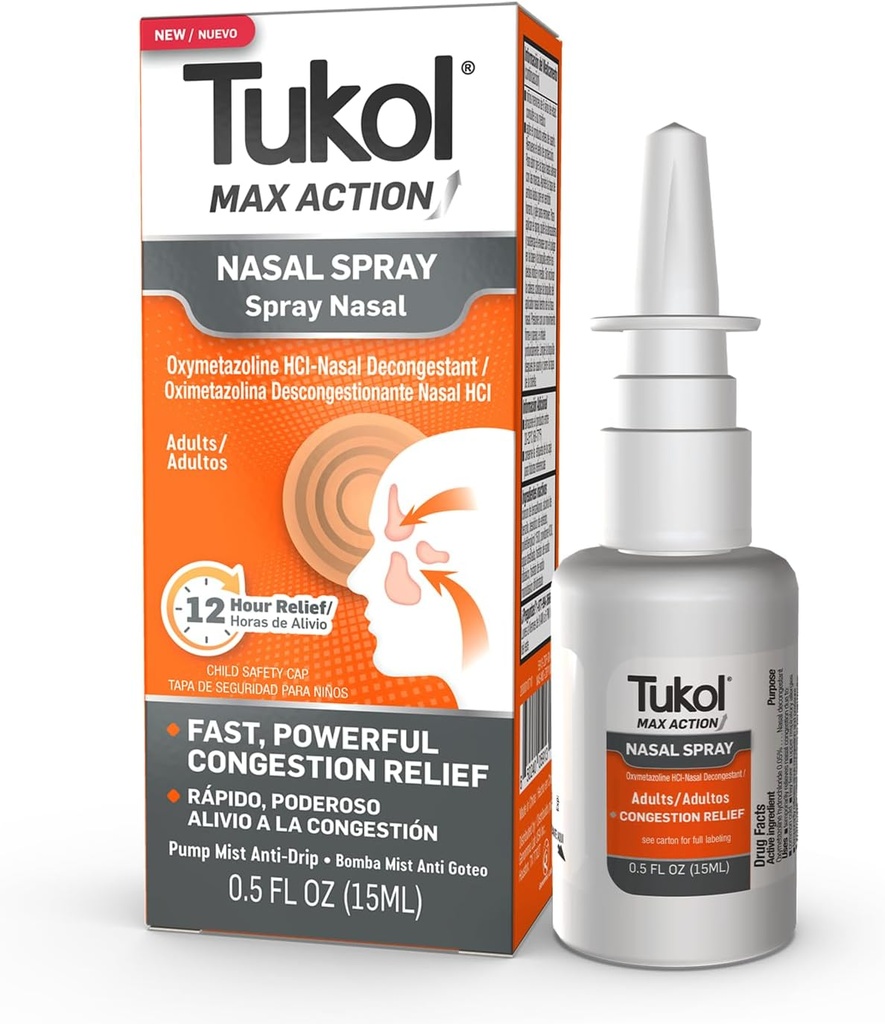TUKOL Max Action Nasal Spray, Oxymetazolín Nasal Dekongestant Spray pre dospelých, Rýchly dusný Nos a Sinus Relief, 12-hodinový Nosový sprej Dekongestant, 0,5 fl oz