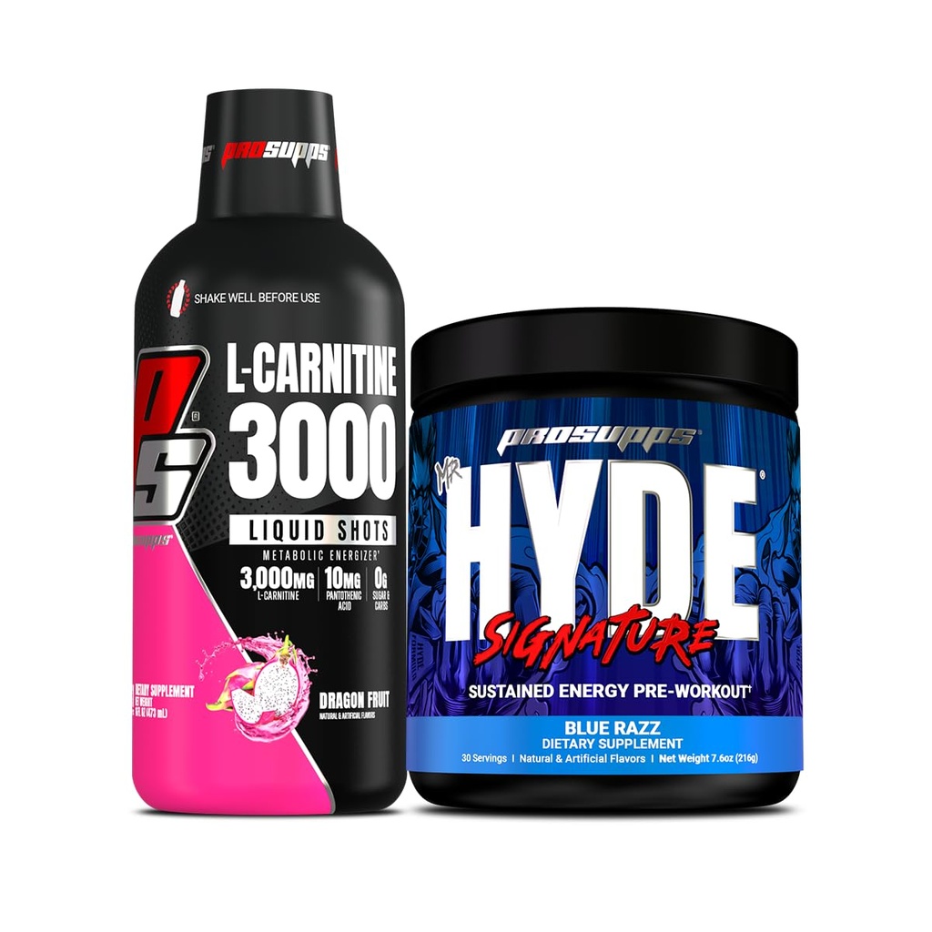 PROSUPPS L-karnitín 3000 Stimulantné voľné kvapalné Shoty (dragon Fruit) a pán Hyde Signature Series Pred-Workout energie práškový nápoj (Blue Razz) Bundle