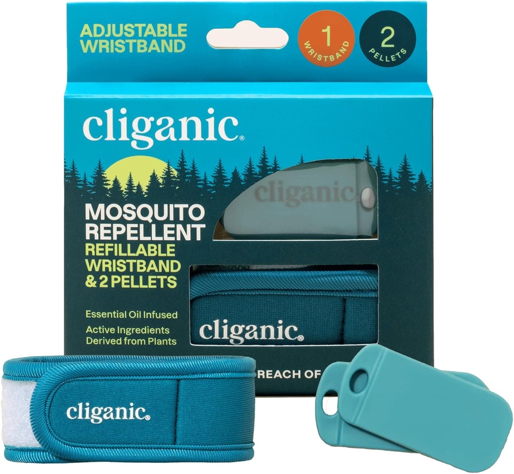 Cliganic Mosquito Repelent Pack (Wristband + 2 Refill Pellets) - Nastaviteľné, Prírodné DEET-free, Essential Oil Infundovaný