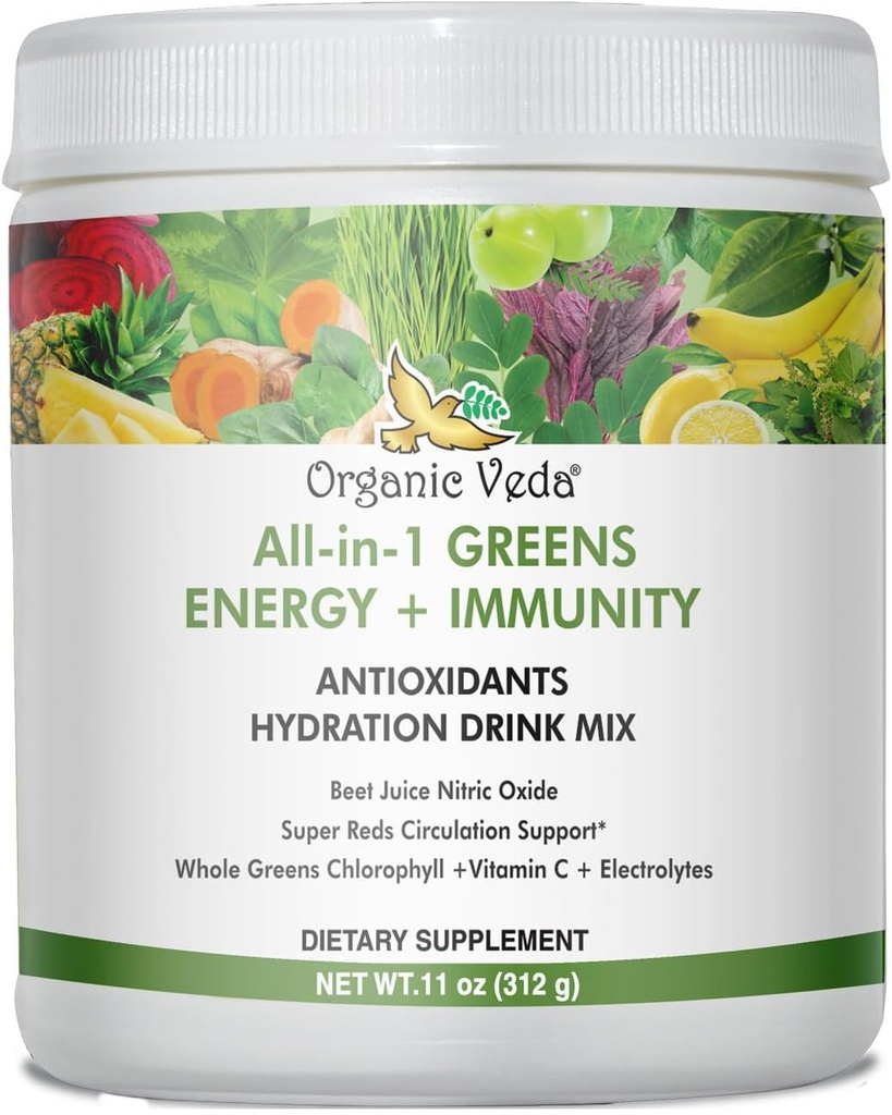 Organické Veda Super Greens Antioxidant Hydratačný nápoj Mix Prášok s Elektrolyty pre energiu, Imunita - Daily Organic Superfoods Chlorofyl, Beet, Moringa, Chlorella, Spirulina, Turmerica - 11 oz