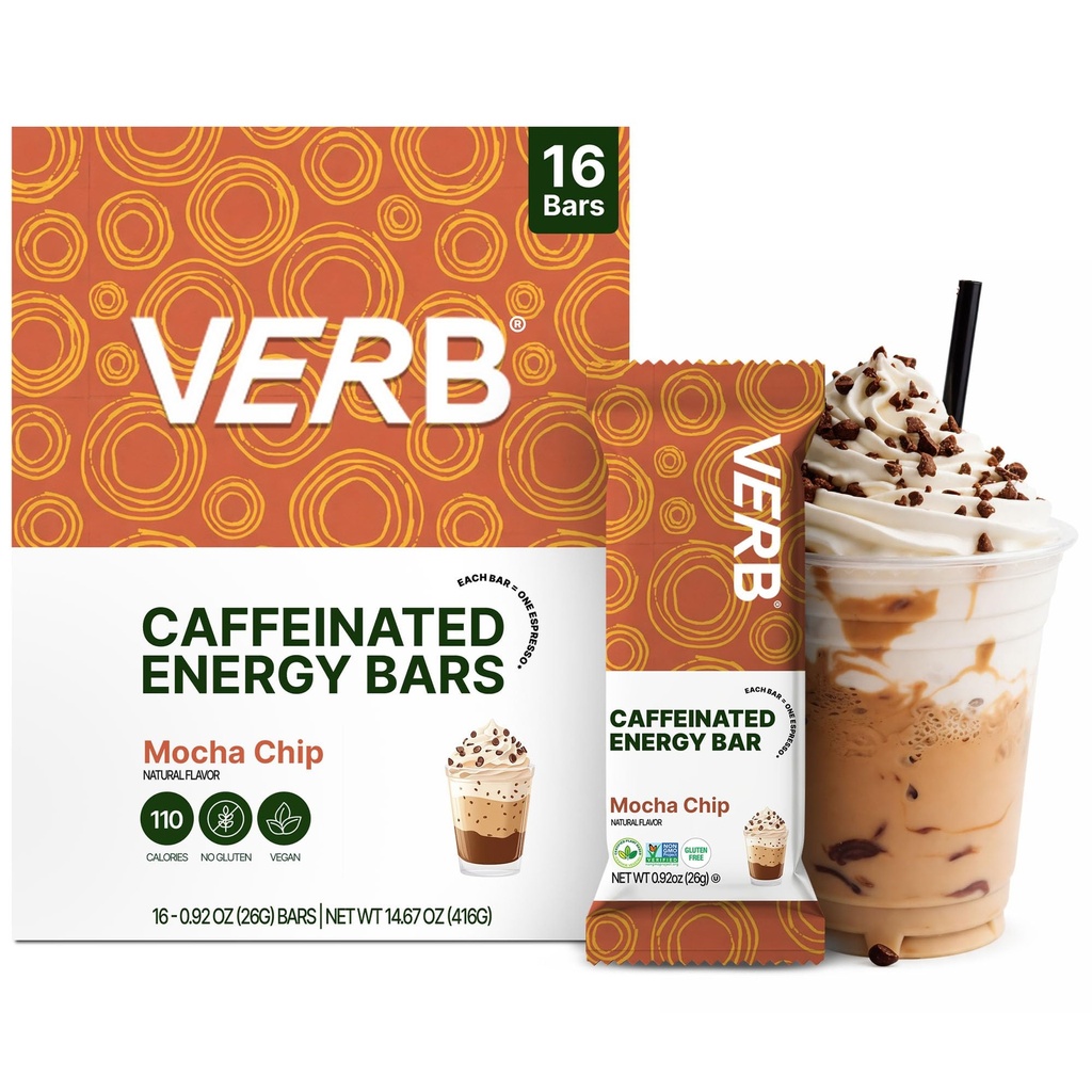 Slovo Caffeinated Energy Bars Mocha Chip (26g, Balenie 16) 110-Calorie Delicious Low Sugar Energy Bar - Vegan Gluten Free On-the Go Snack s 80mg zeleného čaju kofeín, Len skutočné potraviny zložiek