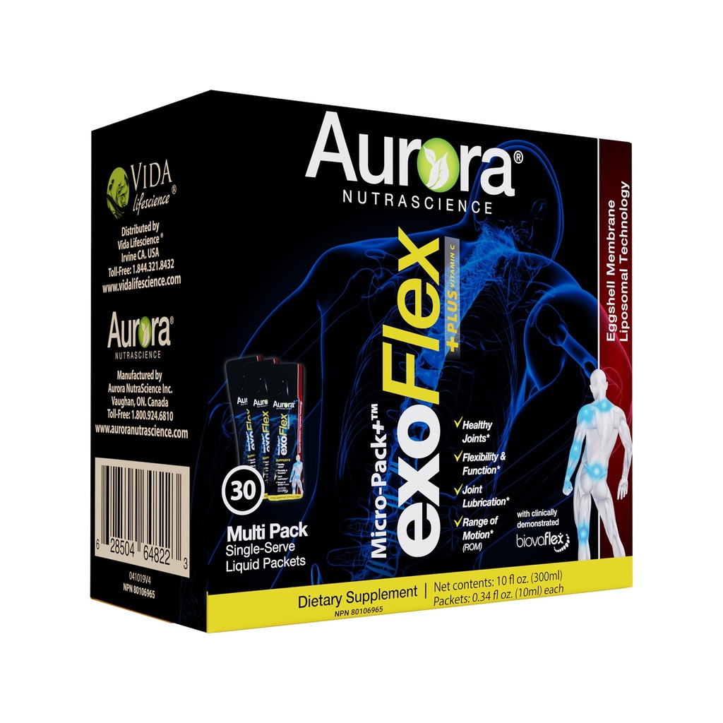 Aurora Nutrascience Micro-Pack Lipozomal exoFlex+ s vitamínom C, podporuje spoločnú flexibilitu a funkciu, BiovaFlex Eggshell Membrána, Curcumin & Boswellia, Strwaberry chuť, 30 jedno-Serve pakety