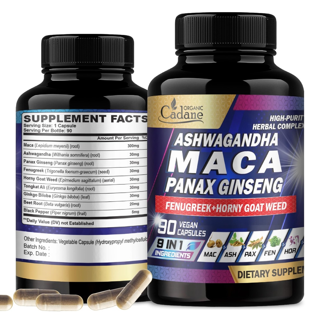 Organické Cadane Maca Root, Ashwagandha, Panax Ginseng Supplement - 90 Kapsule 3 mesiace s Fenugreek, Tongkat Ali & More - Podpora výroby energie a imunita